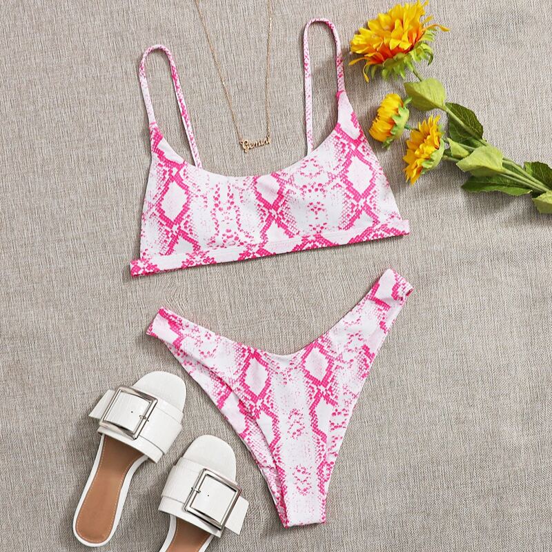 

Snakeskin High Leg Bikini Swimsuit, Baby pink