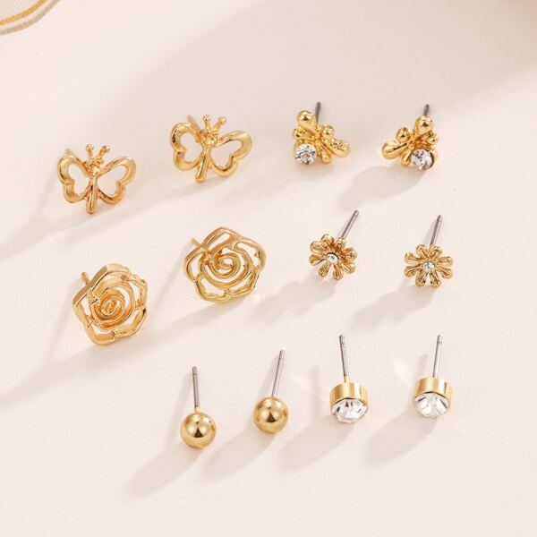 

6pairs Flower Shaped Stud Earrings, Gold