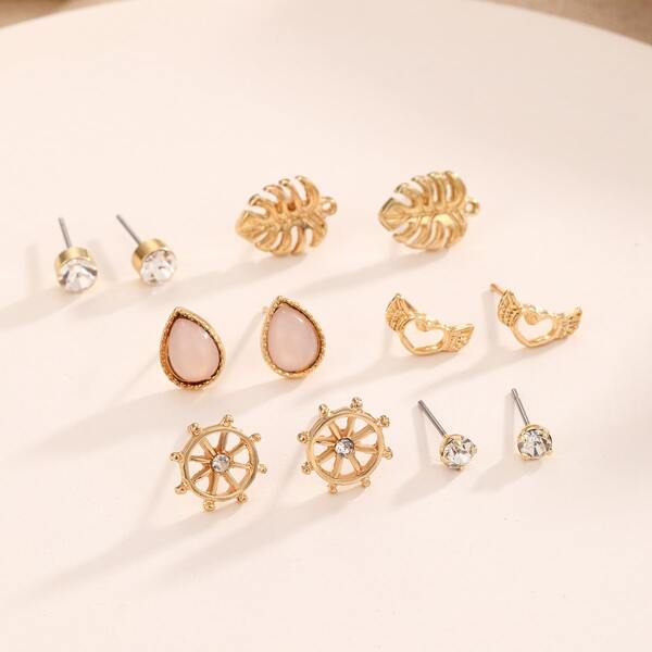 

6pairs Rhinestone Engraved Earrings Set, Gold
