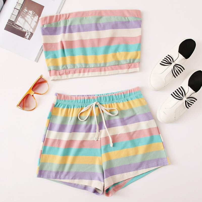 

Striped Print Tube Top With Knot Shorts, Multicolor