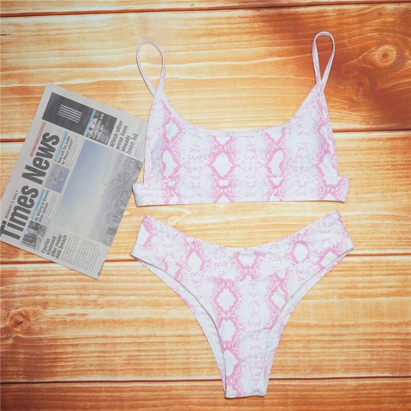 

Snakeskin Print High Leg Bikini Swimsuit, Pastel baby pink