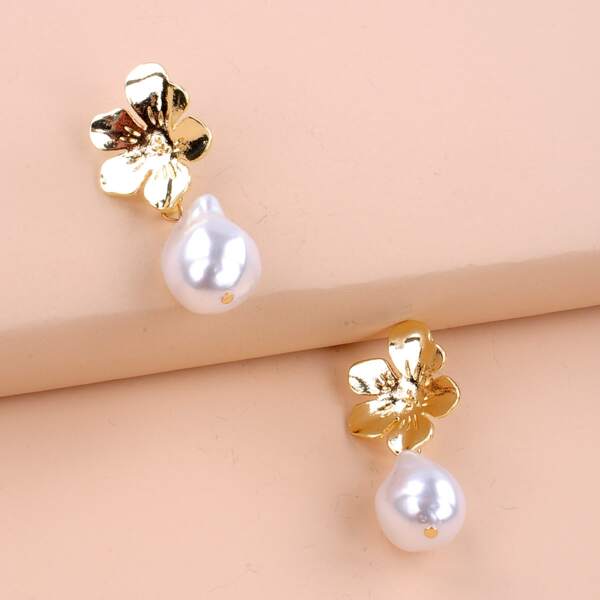 

Faux Pearl Flower Drop Earrings, Gold