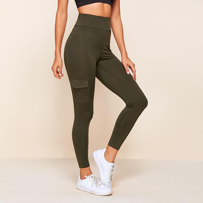 

Flap Pocket Wide Band Waist Leggings, Army green