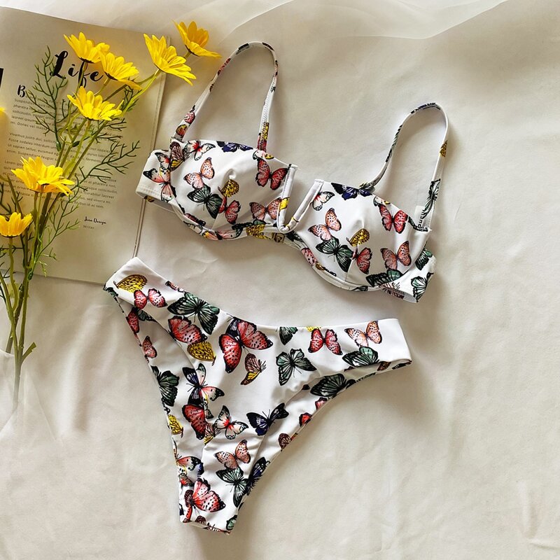 

Butterfly Print V Wired Underwire Bikini Swimsuit, Multicolor