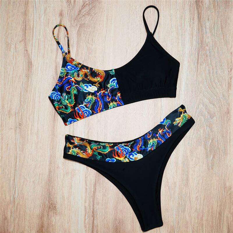 

Contrast Dragon Print Bikini Swimsuit, Black