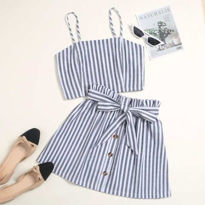 

Striped Cami Top With Belted Skirt, Dusty blue