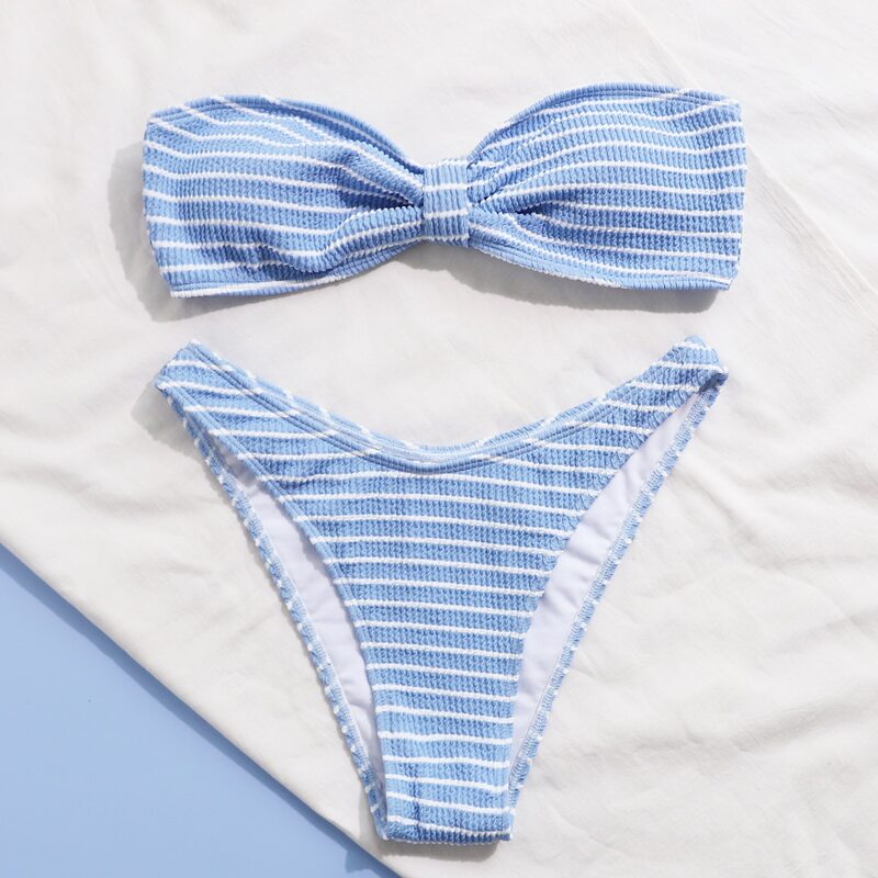 Striped Smocked Bandeau High Cut Bikini Swimsuit, Blue and white