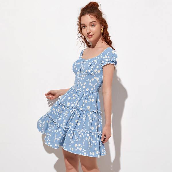 

Floral Print Frill Trim Dress, Blue