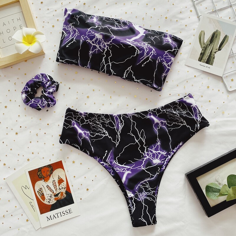 

Lightning Print Bandeau Bikini Swimsuit & Scrunchie, Multicolor