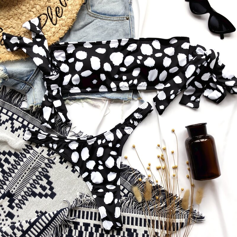 

Allover Print Bandeau High Cut Bikini Swimsuit, Black and white