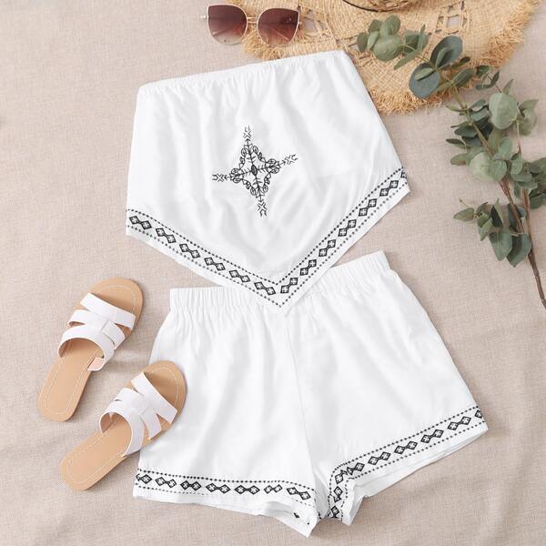 

Tribal Print Bandana Top & Shorts Set, White