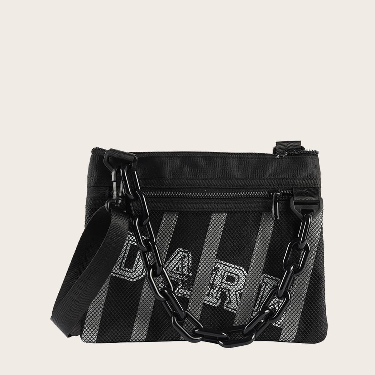 

Guys Chain Decor Contrast Mesh Crossbody Bag, Black