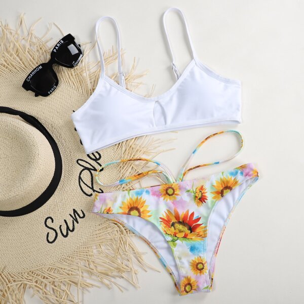 

Sunflower Print Cut-out Bikini Swimsuit, Multicolor