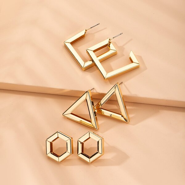 

3pairs Geometric Shaped Earrings, Gold