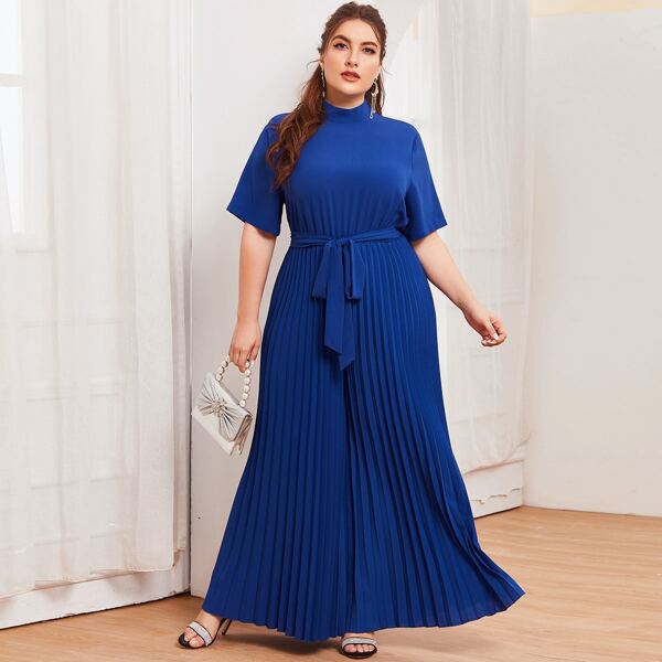 

Plus Mock Neck Pleated Hem Belted Jumpsuit, Royal blue