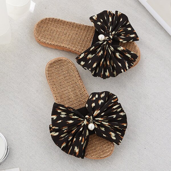 

Open Toe Bow Decor Slippers, Black
