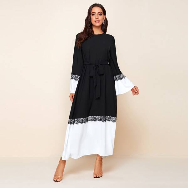

Keyhole Back Contrast Trim Lace Detail Belted Dress, Black