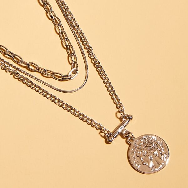 

Men Coin Charm Layered Necklace, Gold