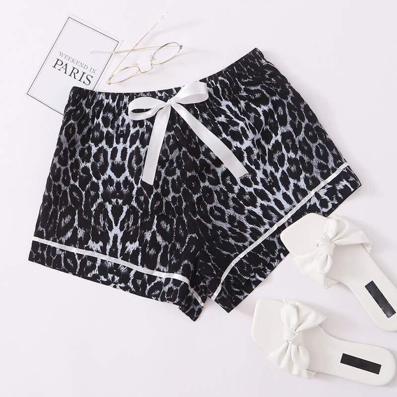

Leopard Print Ribbon Bow Sleep Shorts, Multicolor