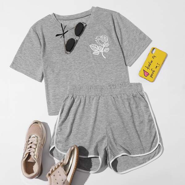 

Floral Print Tee & Contrast Binding Shorts, Grey