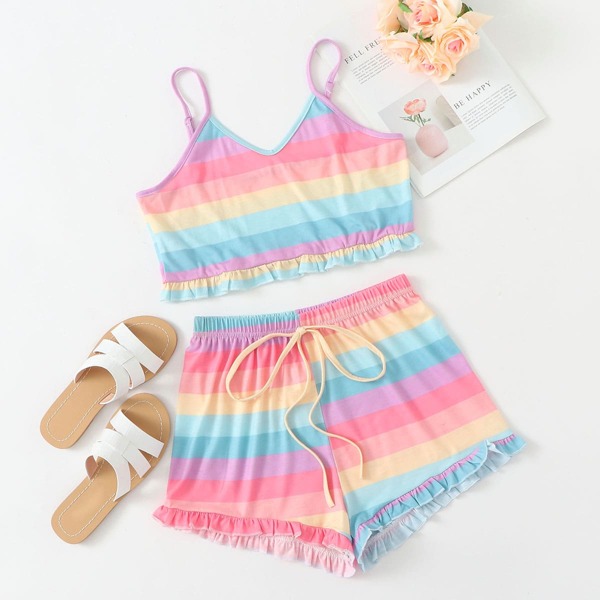 

Rainbow Striped Frill Cami Top & Shorts, Multicolor