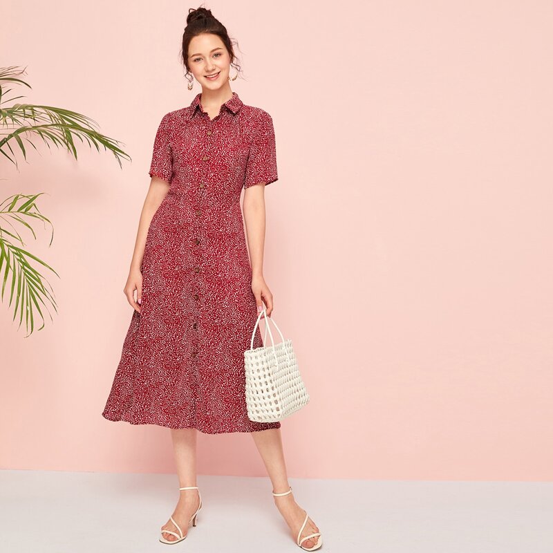 

Allover Print Button Front Dress, Red