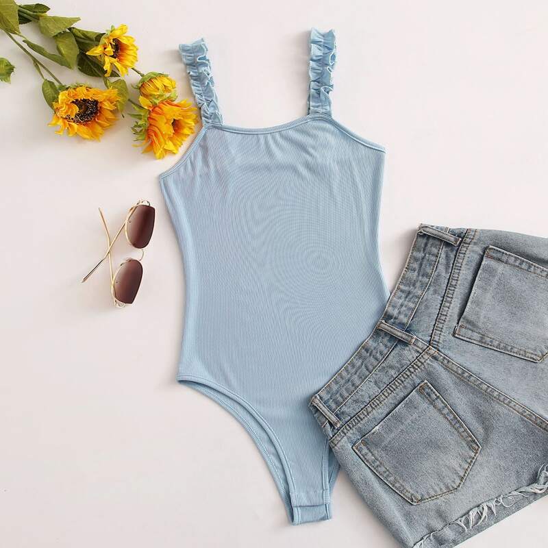 

Frill Straps Cami Bodysuit, Baby blue
