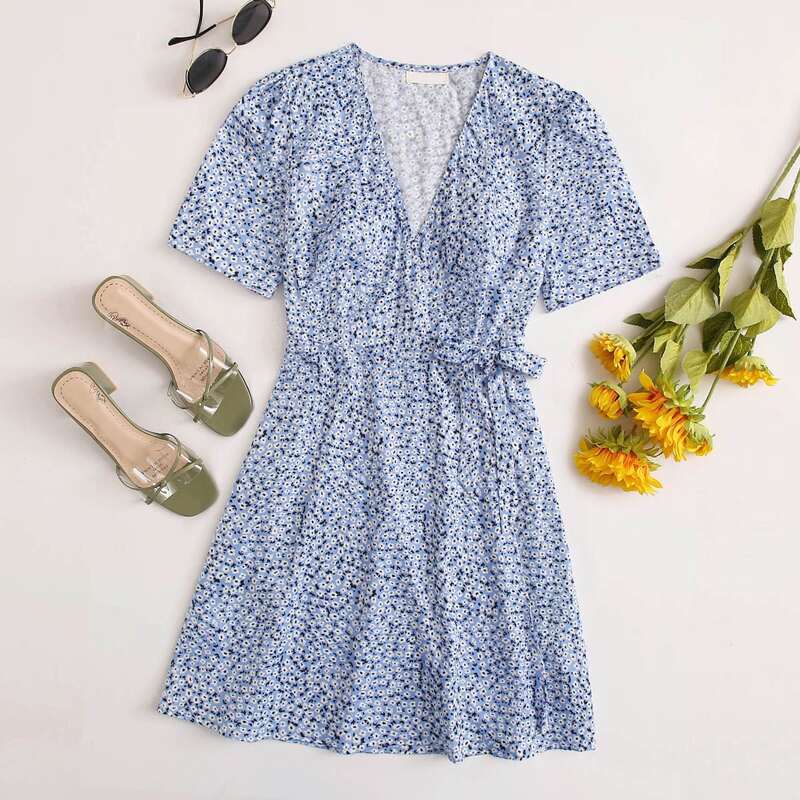 

Ditsy Floral Wrap Tie Dress, Blue