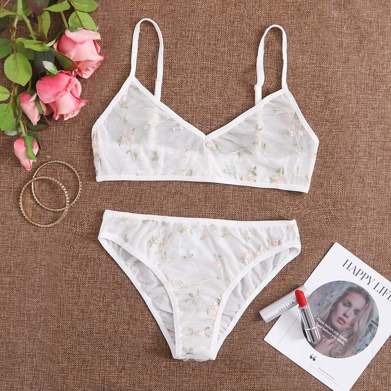 

Floral Embroidered Mesh Lingerie Set, White