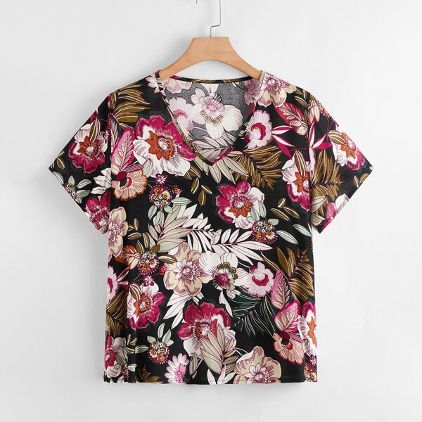 

Plus V-neck Floral Print Blouse, Multicolor