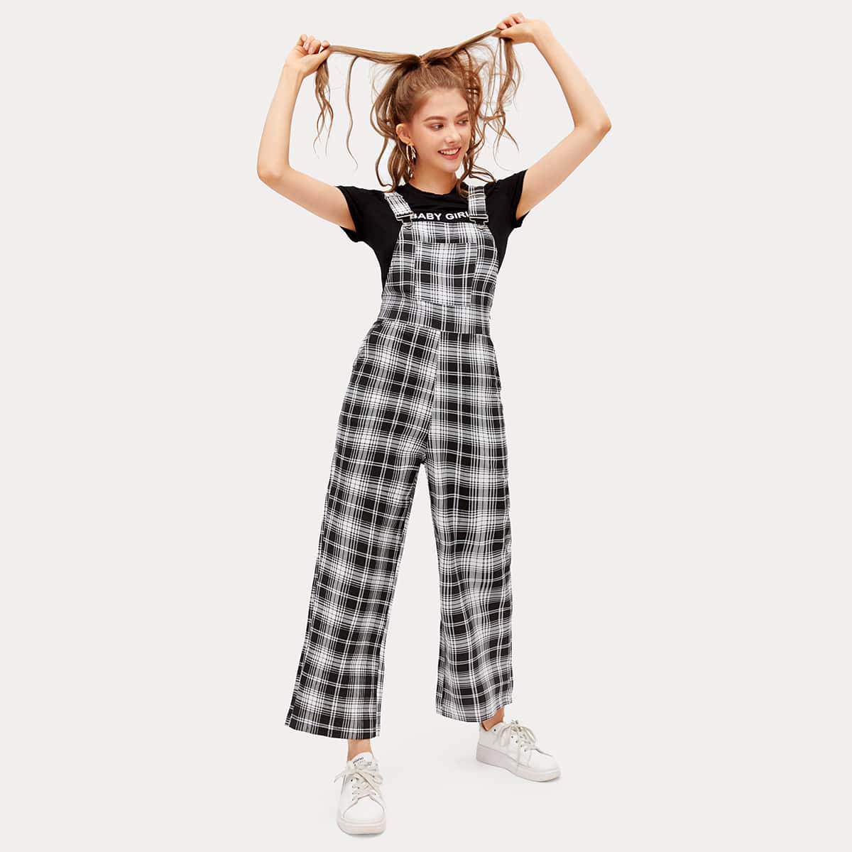 

Plaid Pocket Overalls, Black and white