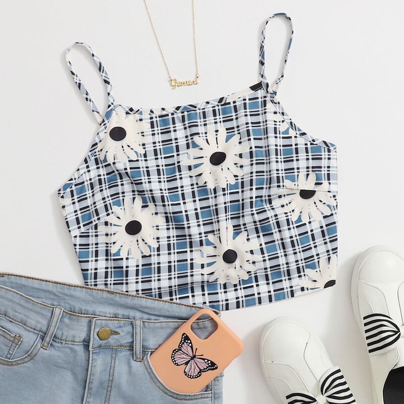 

Flower & Plaid Crop Cami, Multicolor