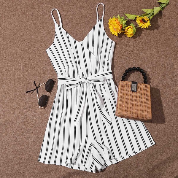 

Vertical Striped Belted Cami Romper, White