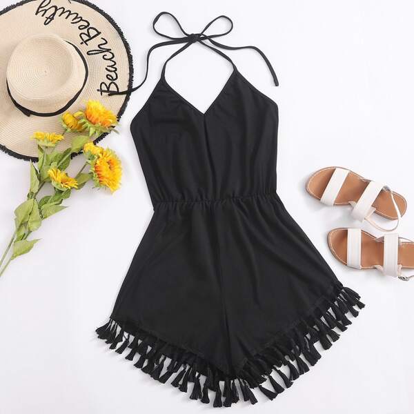 

Solid Fringe Trim Halter Romper, Black