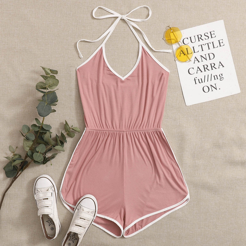 

Contrast Binding Tie Back Romper, Dusty pink