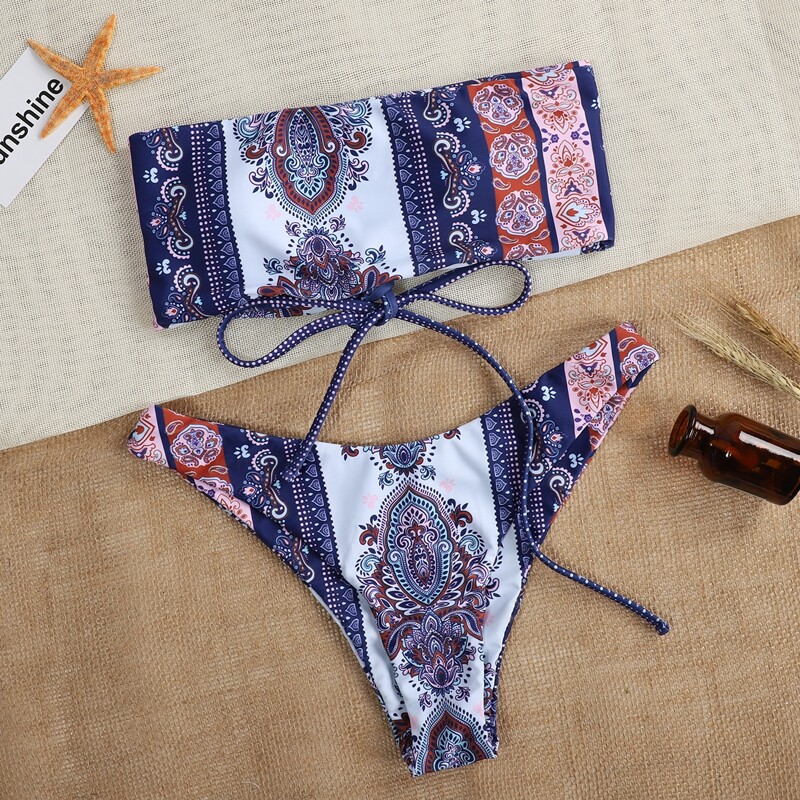 

Tribal Bandeau High Leg Bikini Swimsuit, Multicolor