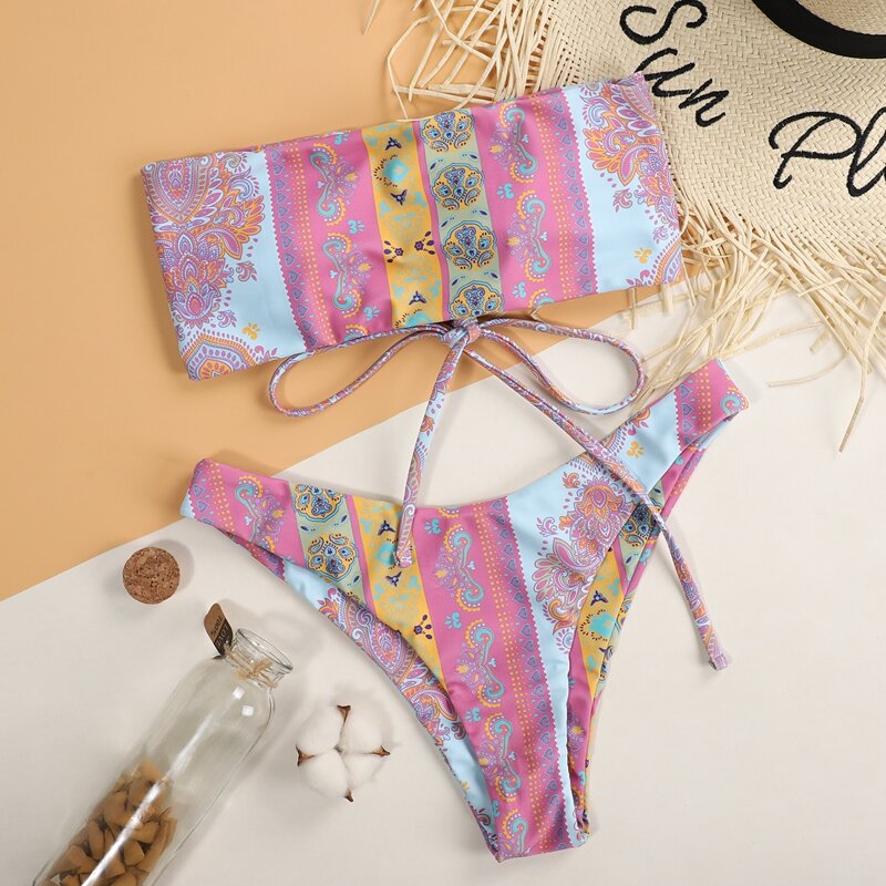

Tribal Bandeau High Leg Bikini Swimsuit, Multicolor