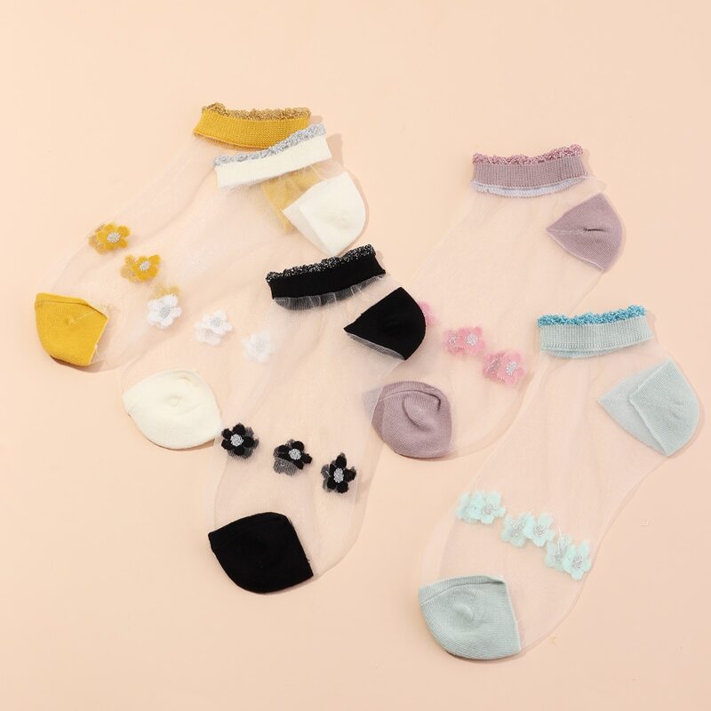

5pairs Flower Pattern Mesh Socks, Multicolor