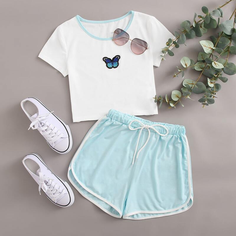 

Butterfly Embroidery Tee & Dolphin Shorts, Multicolor