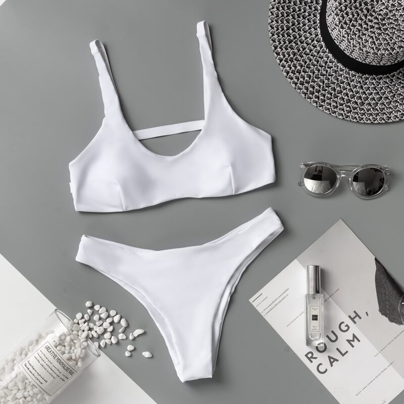 

Plain Cut-out Back Bikini Swimsuit, White