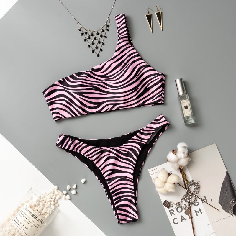 

Zebra Stripe One Shoulder Bikini Swimsuit, Multicolor
