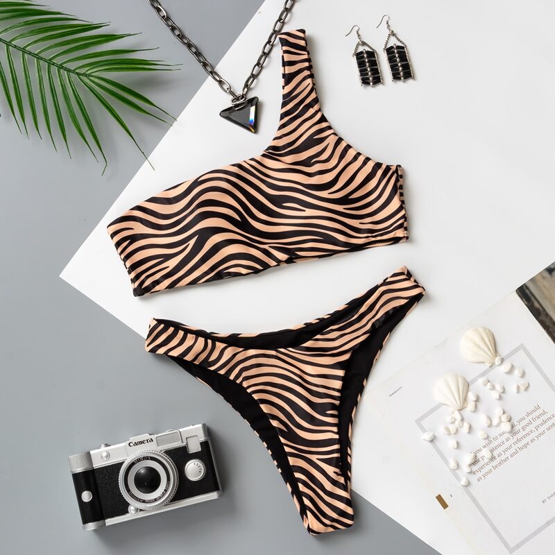 

Zebra Stripe One Shoulder Bikini Swimsuit, Multicolor