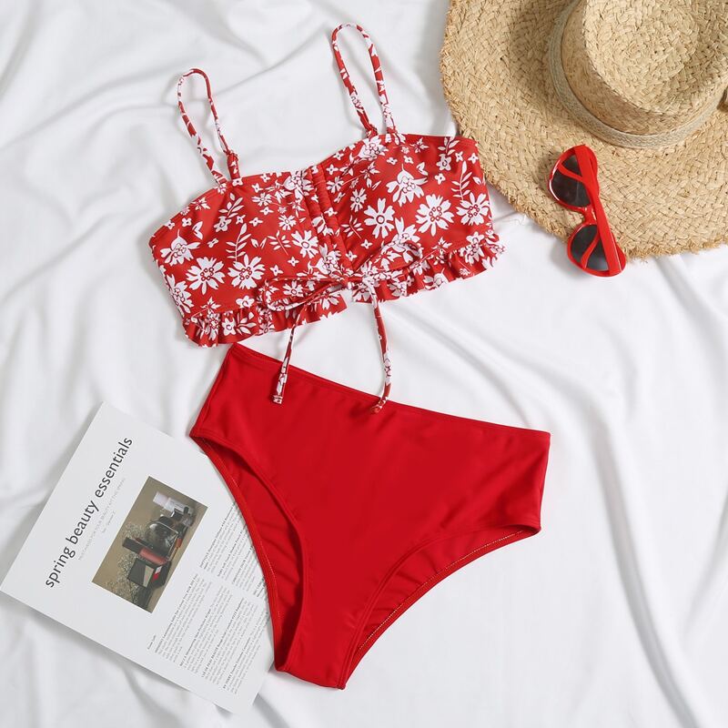 

Floral Drawstring Bandeau Bikini Swimsuit, Red