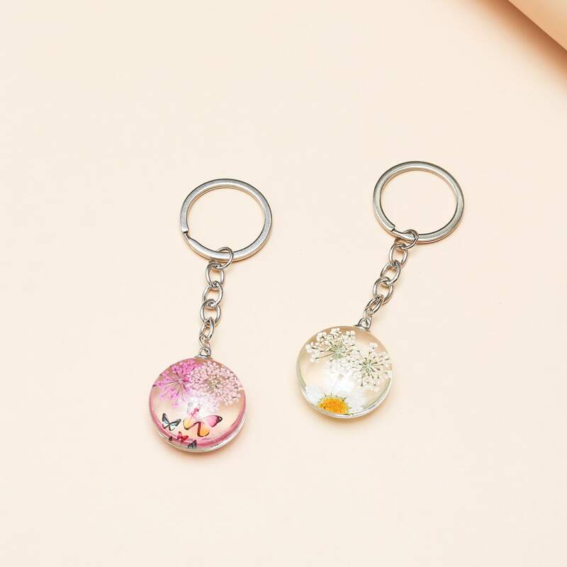 

2pcs Floral Pattern Round Charm Keychain, Silver