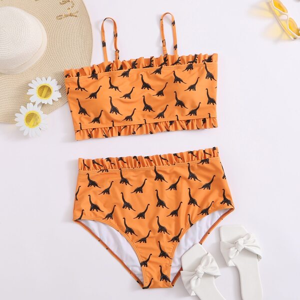 

Plus Dinosaur Print Frill Bikini Swimsuit, Orange bright