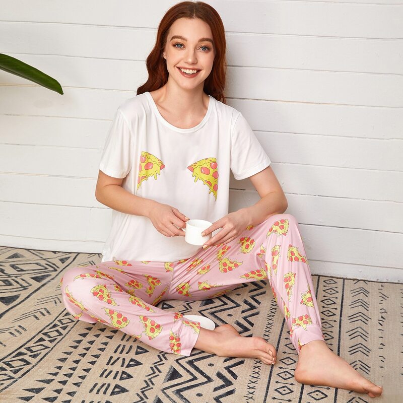 

Pizza Print Tee With Pants PJ Set, Multicolor