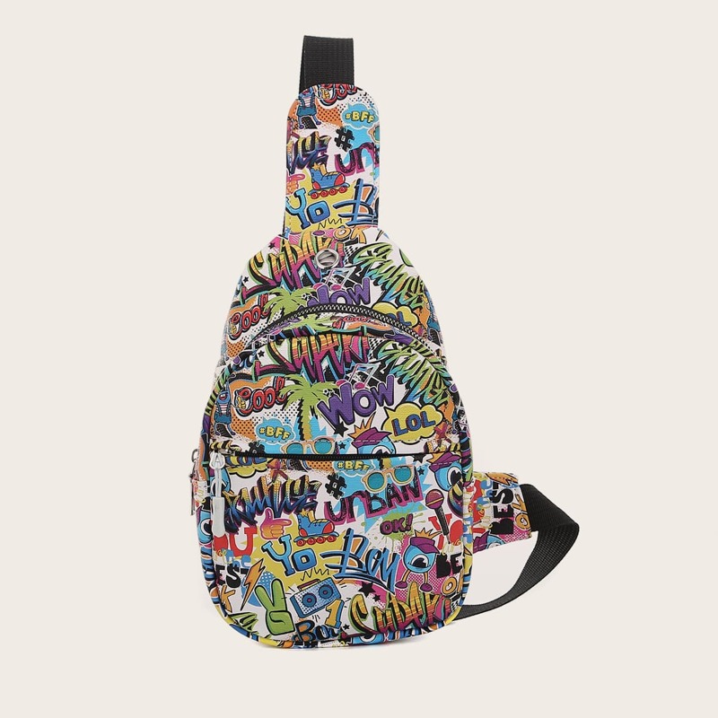 

Guys Cartoon Words Pattern Sling Bag, Multicolor