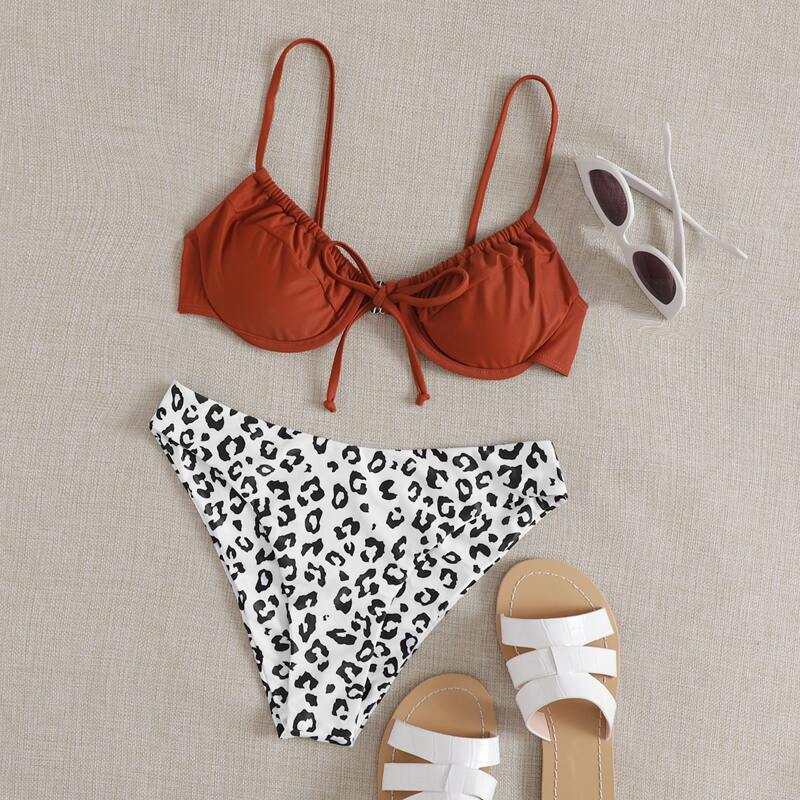 

Leopard Tie Front Underwire Bikini Swimsuit, Multicolor