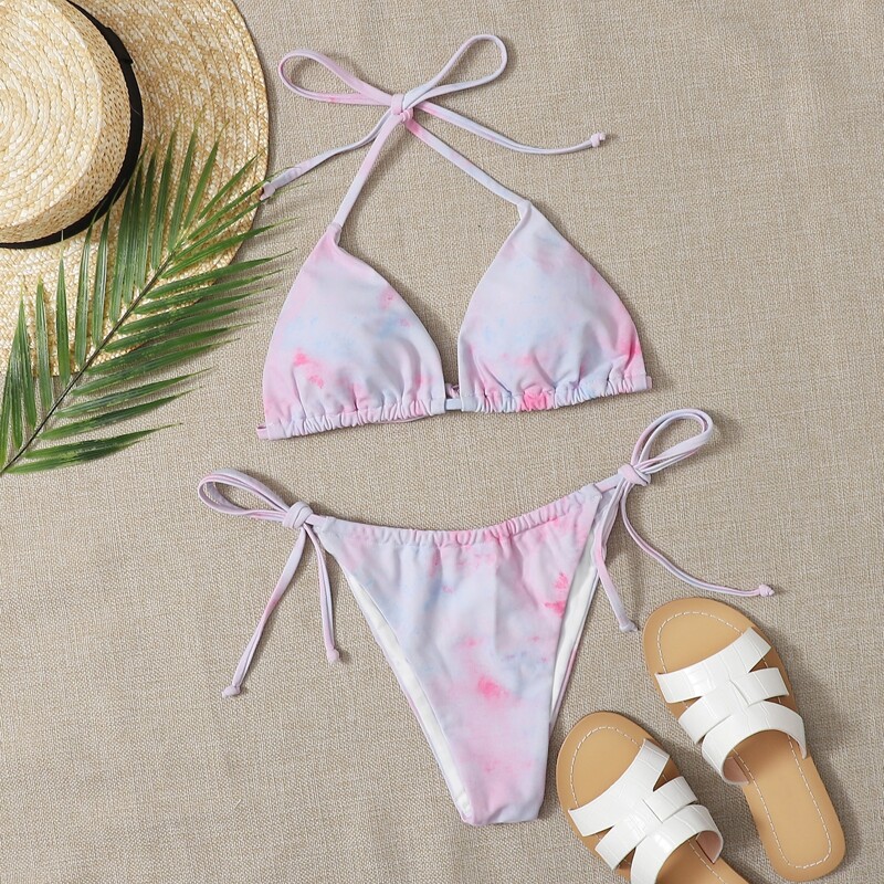 

Tie Dye Triangle Tie Side Bikini Swimsuit, Pastel baby pink