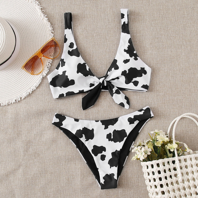 

Cow Print Knot Front Bikini Swimsuit, Black and white
